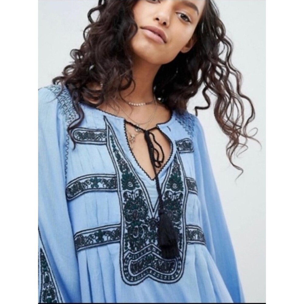 Free People Blue Embroidered Boho Mini Dress Black Tassels Sz M Boho Cottage